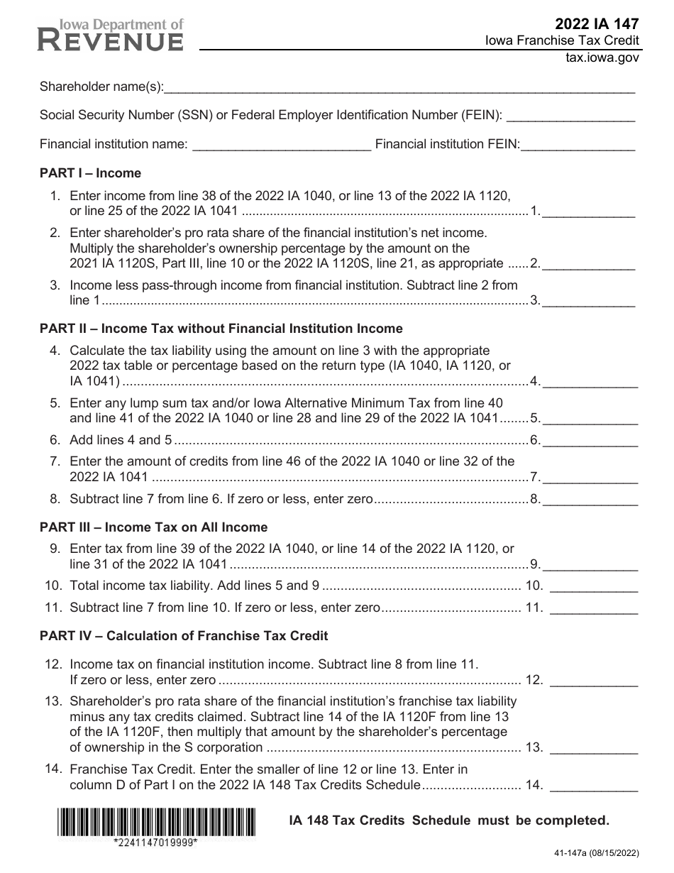 Form IA147 (41-147) Iowa Franchise Tax Credit - Iowa, Page 1