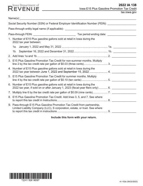 Form IA138 (41-152) 2022 Printable Pdf