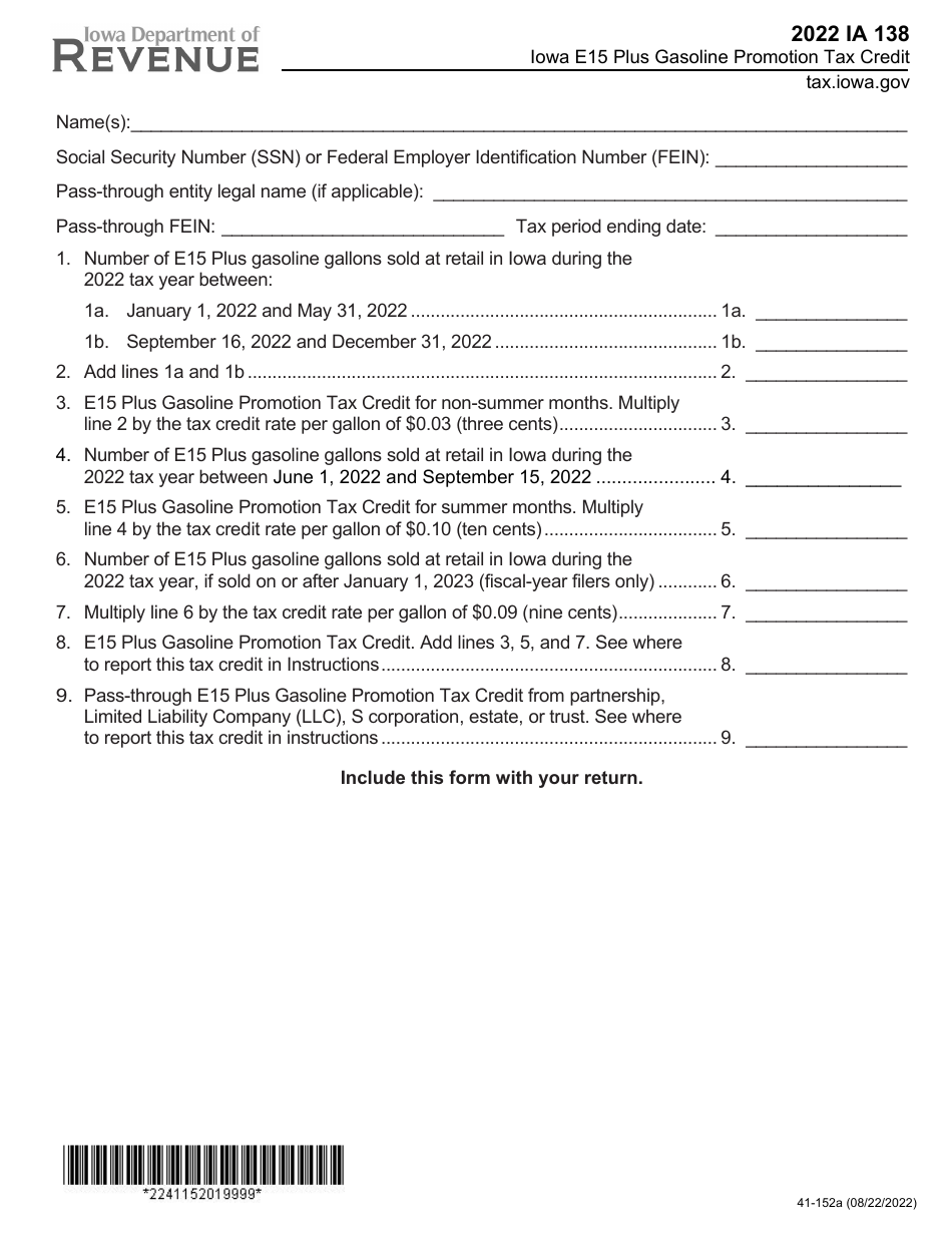 Form IA138 (41-152) Iowa E15 Plus Gasoline Promotion Tax Credit - Iowa, Page 1