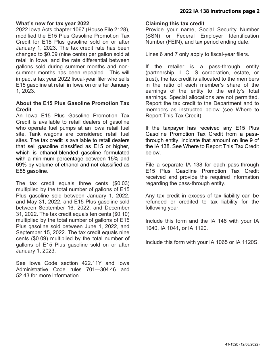 Form IA138 (41-152) Iowa E15 Plus Gasoline Promotion Tax Credit - Iowa, Page 2
