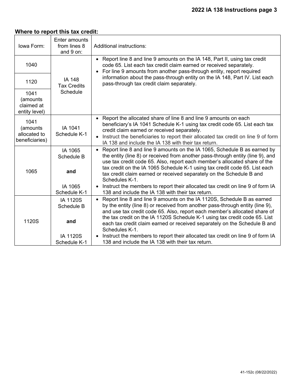 Form IA138 (41-152) Iowa E15 Plus Gasoline Promotion Tax Credit - Iowa, Page 3