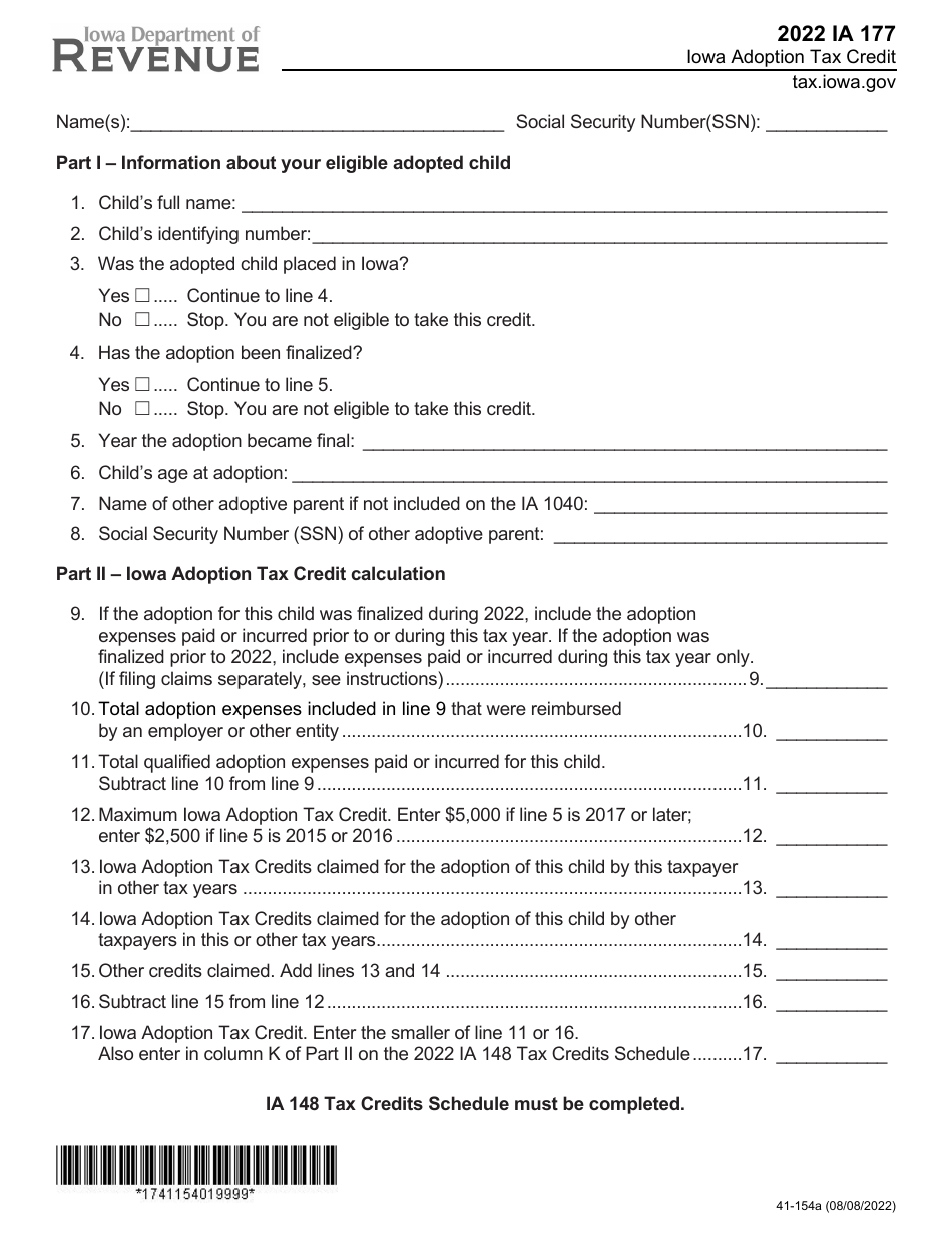 Form IA177 (41154) 2022 Fill Out, Sign Online and Download
