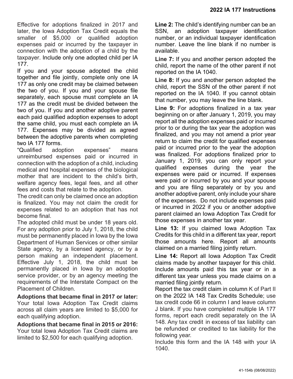 Form IA177 (41-154) Iowa Adoption Tax Credit - Iowa, Page 2