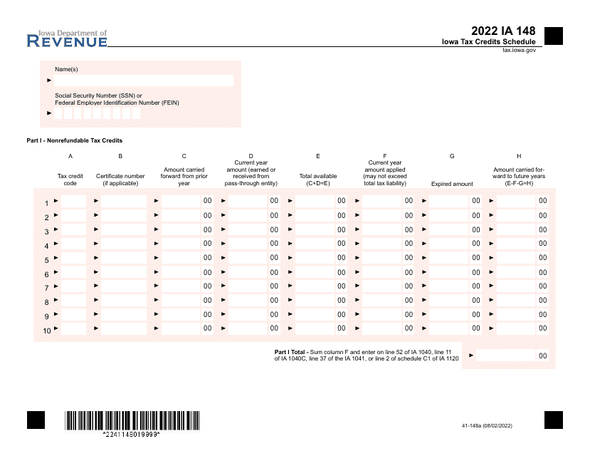 Form IA148 (41-148) 2022 Printable Pdf