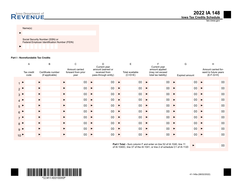 Form IA148 41 148 Download Fillable PDF Or Fill Online Iowa Tax   Form Ia148 41 148 Iowa Tax Credits Schedule Iowa Print Big 