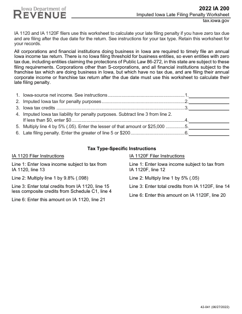 Form IA200 (42-041) 2022 Printable Pdf