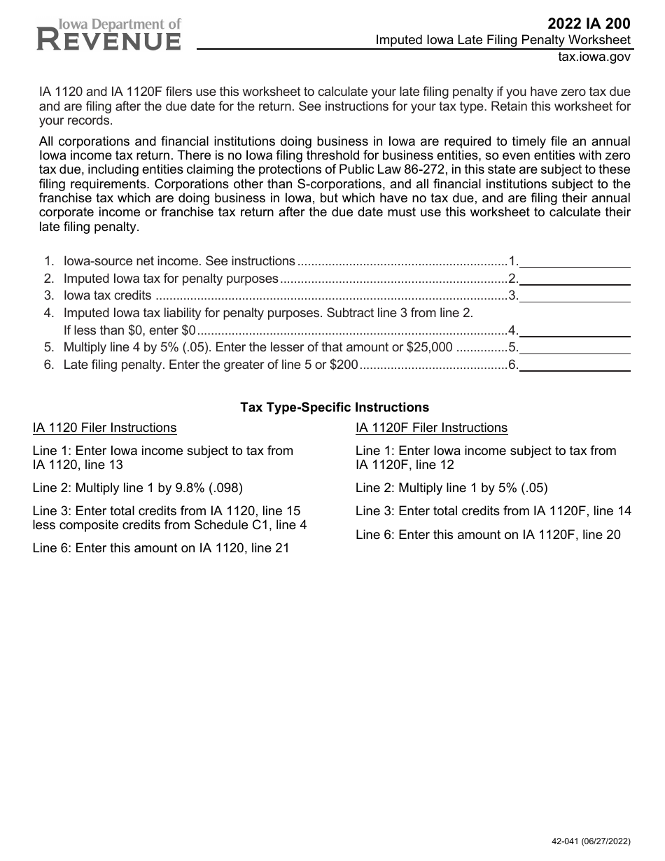 Form IA200 (42-041) Imputed Iowa Late Filing Penalty Worksheet - Iowa, Page 1