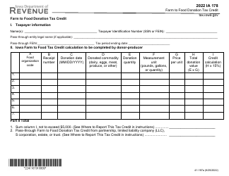 Form IA178 (41-167) Farm to Food Donation Tax Credit - Iowa