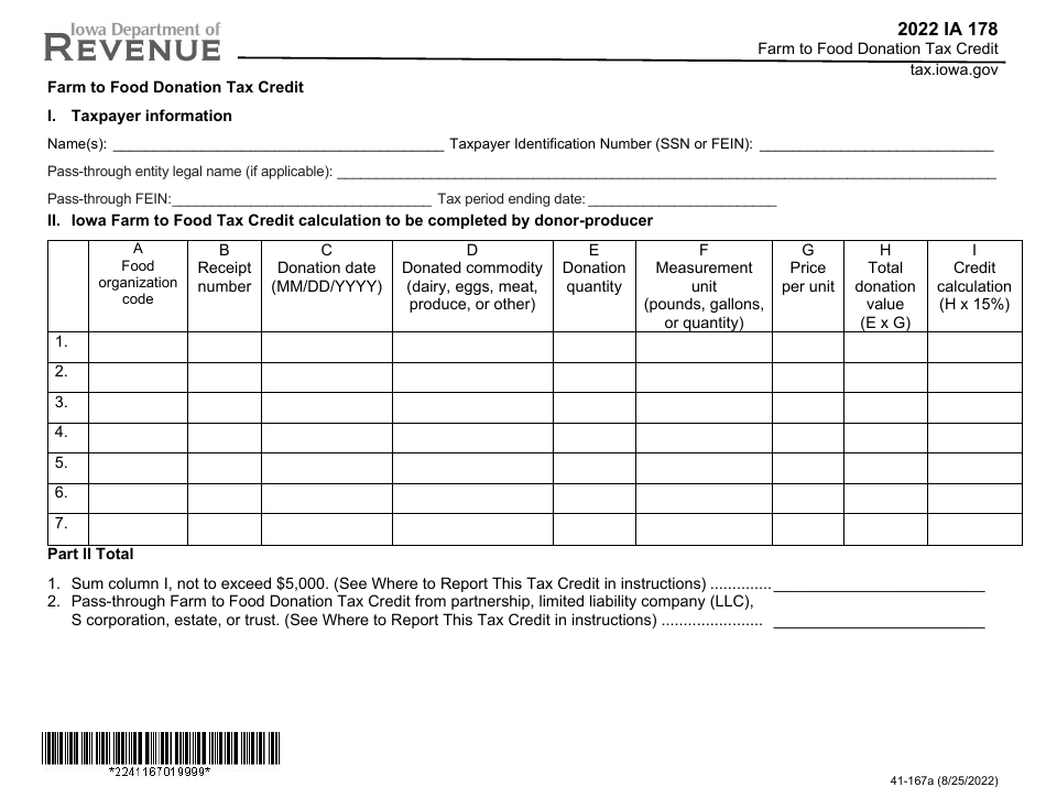 Form IA178 (41-167) Farm to Food Donation Tax Credit - Iowa, Page 1