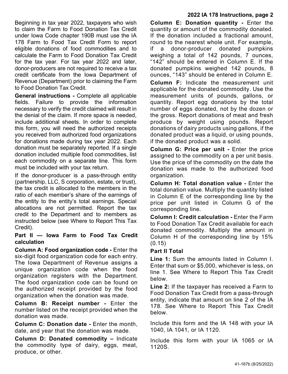 Form IA178 (41-167) Farm to Food Donation Tax Credit - Iowa, Page 2
