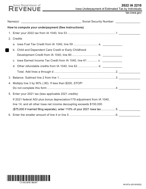 Form IA2210 (45-007) 2022 Printable Pdf