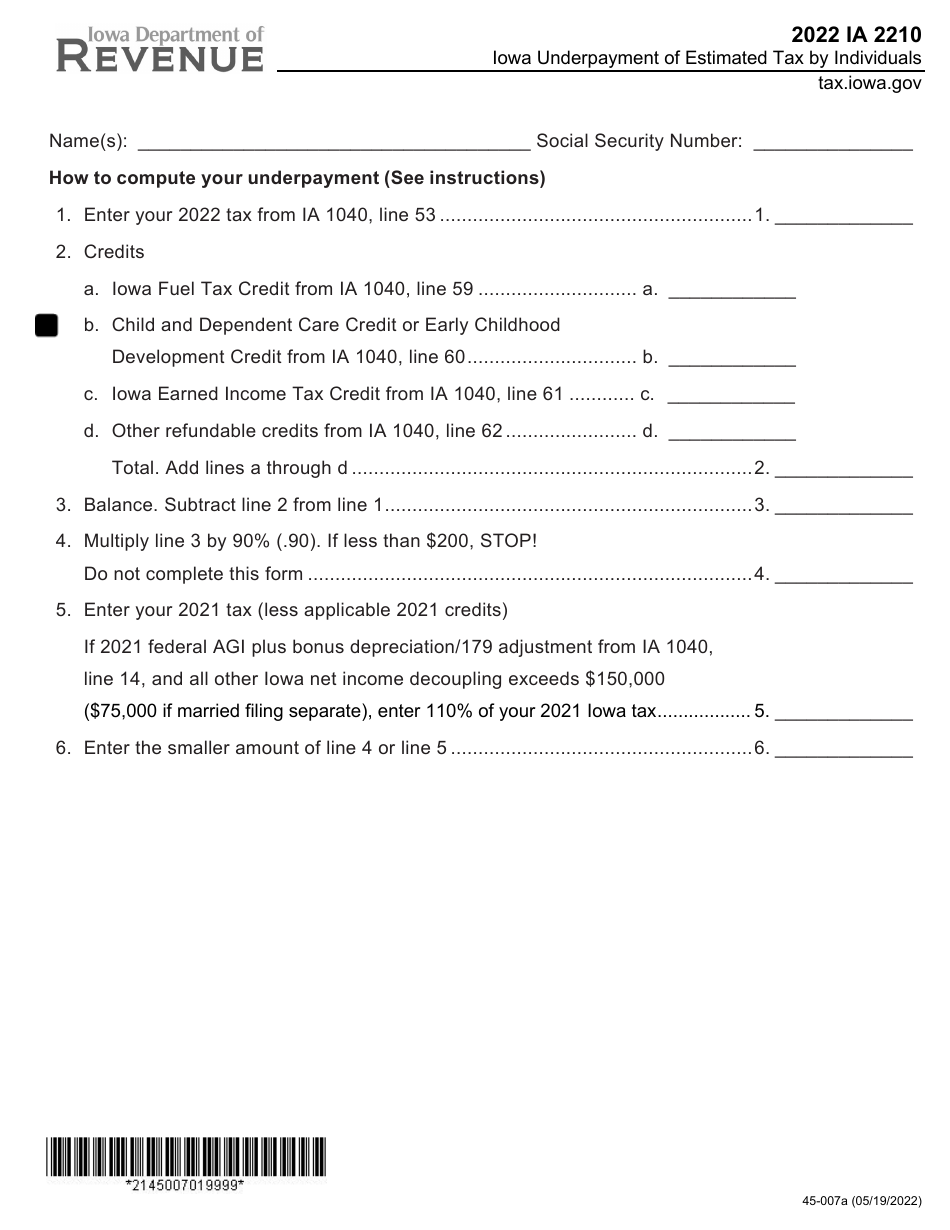 Form IA2210 (45-007) Iowa Underpayment of Estimated Tax by Individuals - Iowa, Page 1