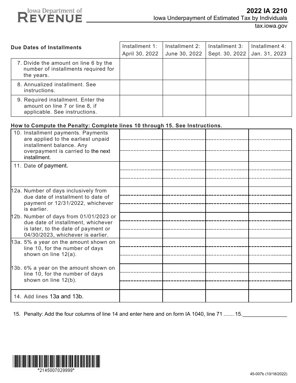 Form IA2210 (45-007) Iowa Underpayment of Estimated Tax by Individuals - Iowa, Page 2