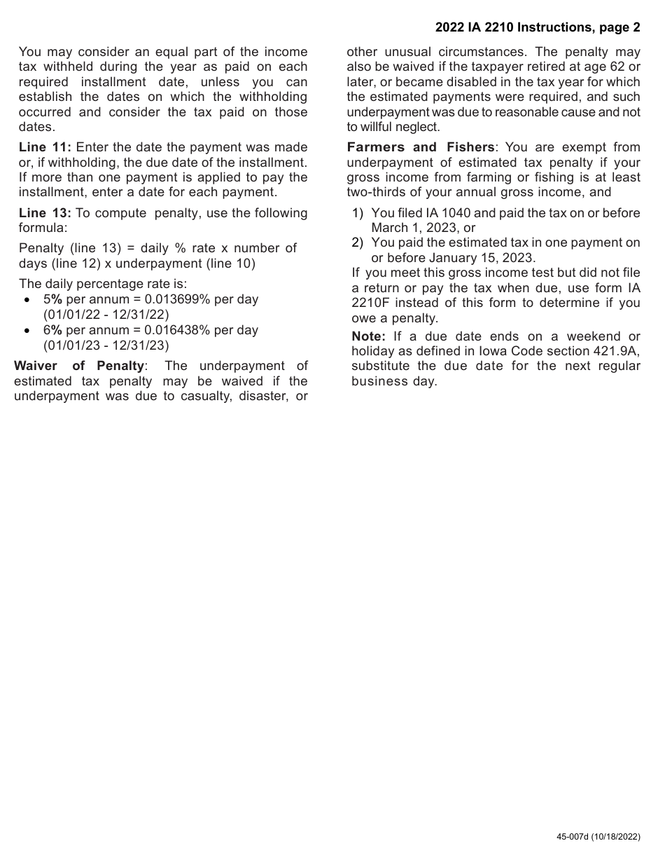 Form IA2210 (45-007) Iowa Underpayment of Estimated Tax by Individuals - Iowa, Page 4