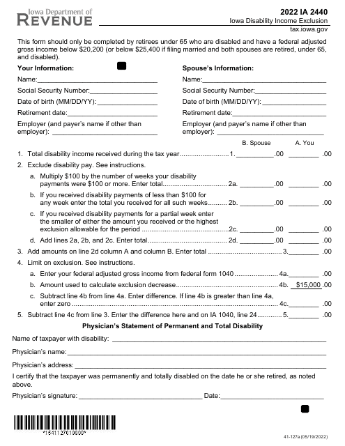 Form IA2440 (41-127) 2022 Printable Pdf