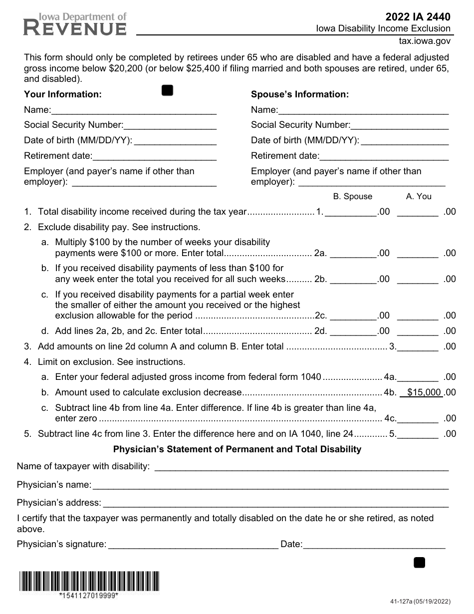 Form Ia2440 41 127 Download Fillable Pdf Or Fill Online Iowa Disability Income Exclusion 8148