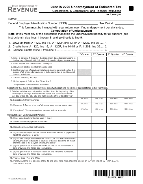 Form IA2220 (45-006) 2022 Printable Pdf