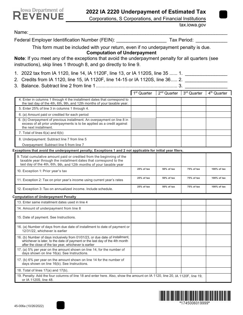 Form IA2220 (45-006) Underpayment of Estimated Tax - Corporations, S Corporations, and Financial Institutions - Iowa, Page 1