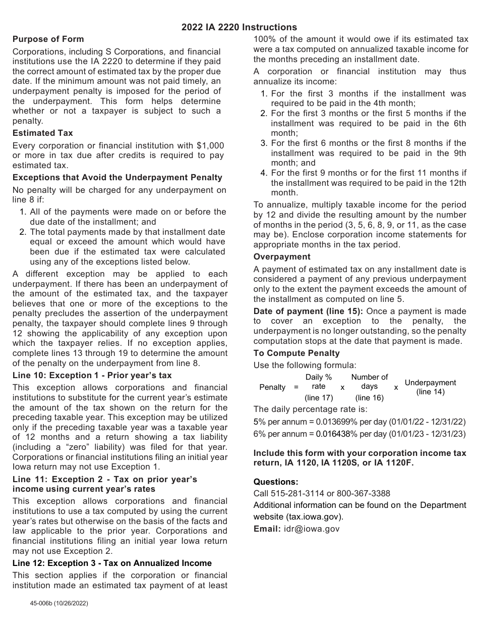 Form IA2220 (45-006) Underpayment of Estimated Tax - Corporations, S Corporations, and Financial Institutions - Iowa, Page 2