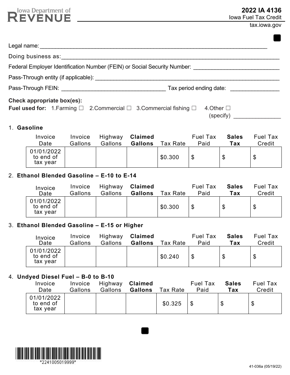 Form IA4136 (41-036) Fuel Tax Credit - Iowa, Page 1