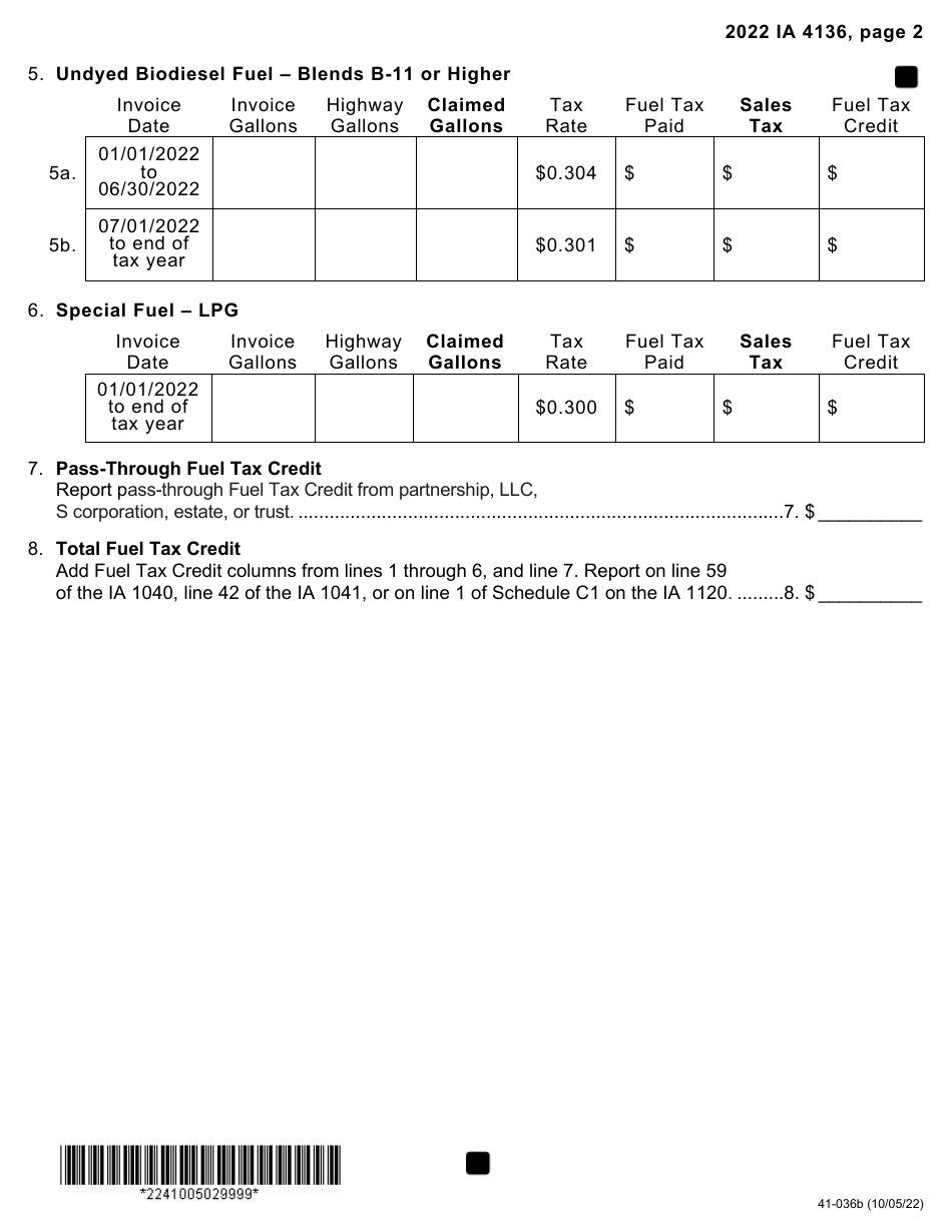Form IA4136 (41-036) Fuel Tax Credit - Iowa, Page 2