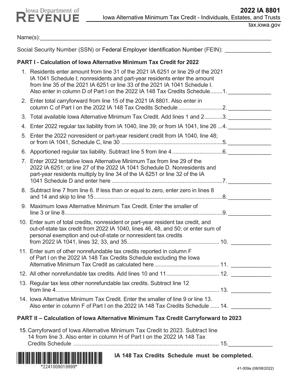 Form IA8801 (41-009) Alternative Minimum Tax Credit - Individuals, Estates, and Trusts - Iowa, Page 1