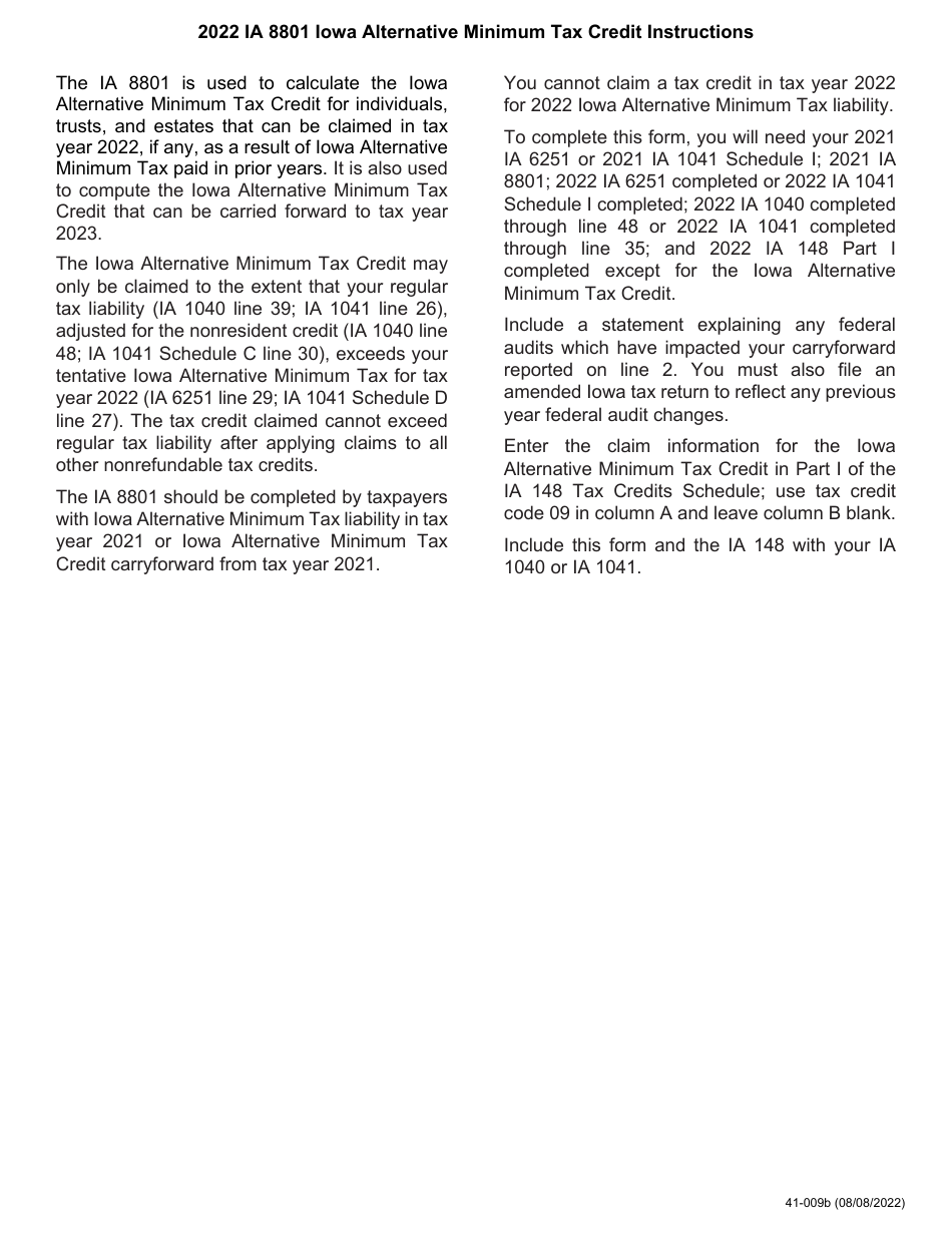 Form IA8801 (41-009) Alternative Minimum Tax Credit - Individuals, Estates, and Trusts - Iowa, Page 2
