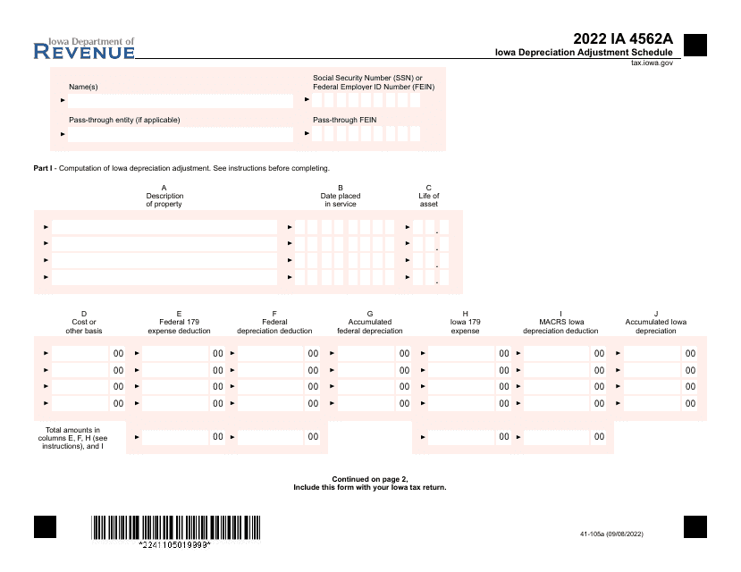Form IA4562A (41-105) 2022 Printable Pdf