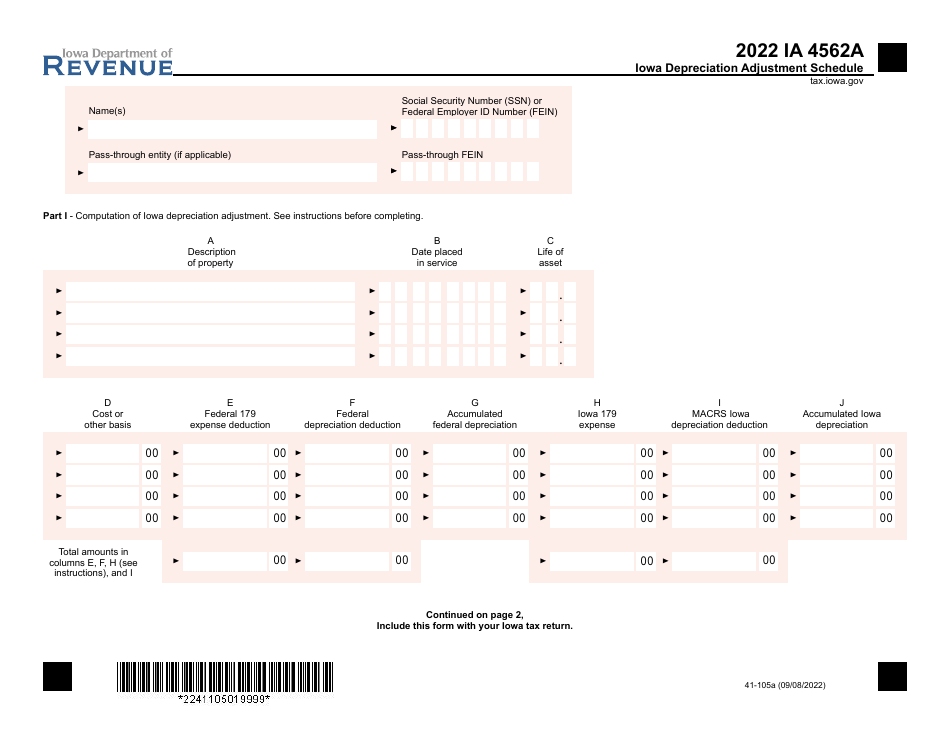 Form IA4562A (41-105) Depreciation Adjustment Schedule - Iowa, Page 1