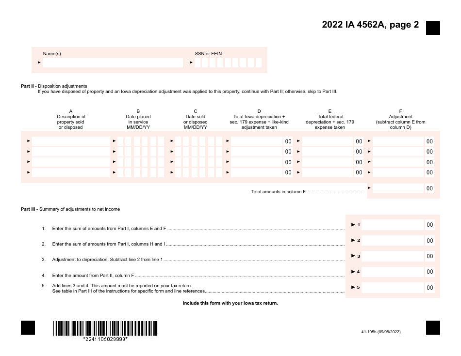 Form IA4562A (41-105) Depreciation Adjustment Schedule - Iowa, Page 2