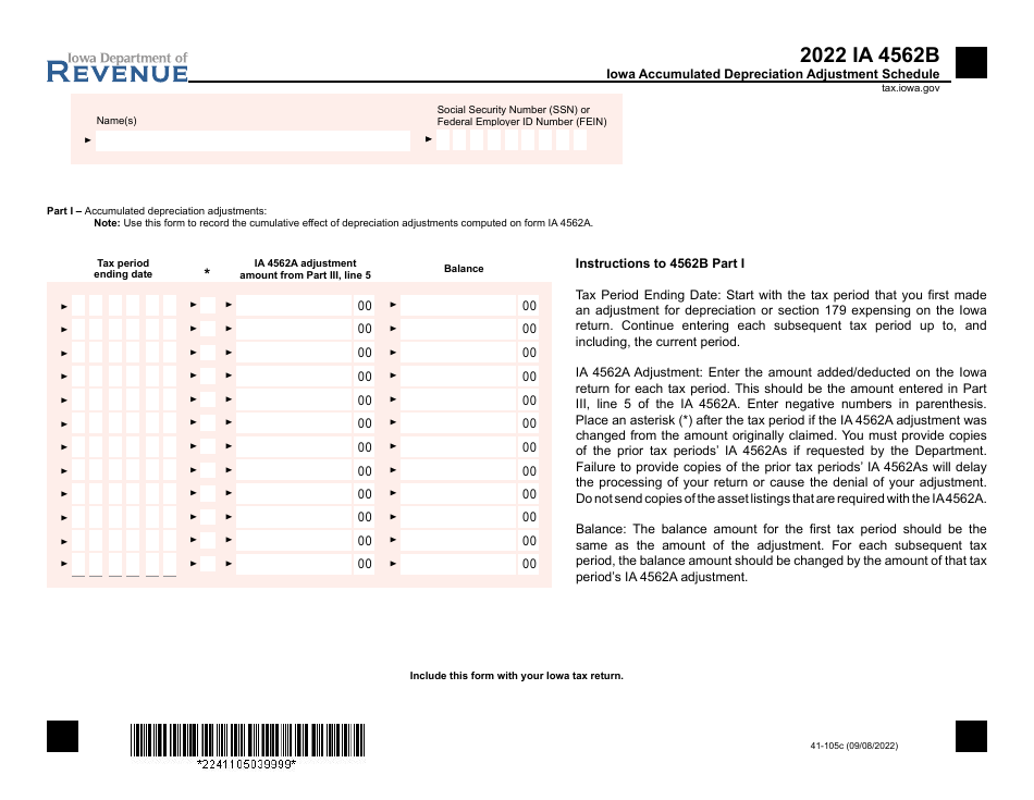 Form IA4562A (41-105) Depreciation Adjustment Schedule - Iowa, Page 3
