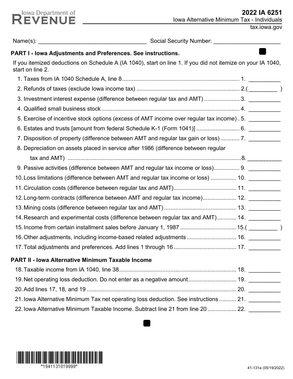 Form IA6251 (41-131) Alternative Minimum Tax - Individuals - Iowa, Page 1