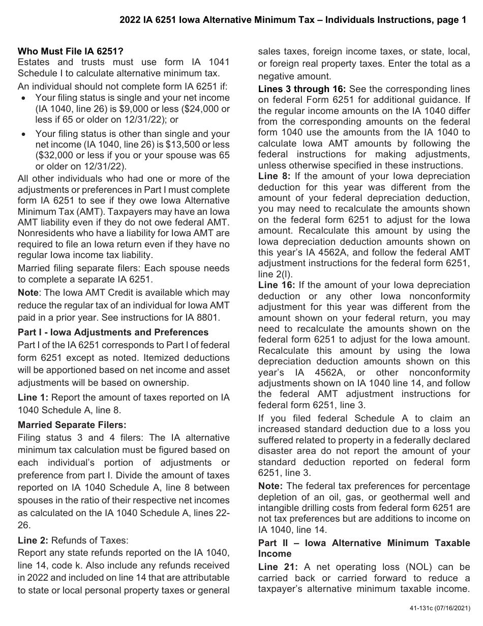 Form IA6251 (41-131) Alternative Minimum Tax - Individuals - Iowa, Page 3