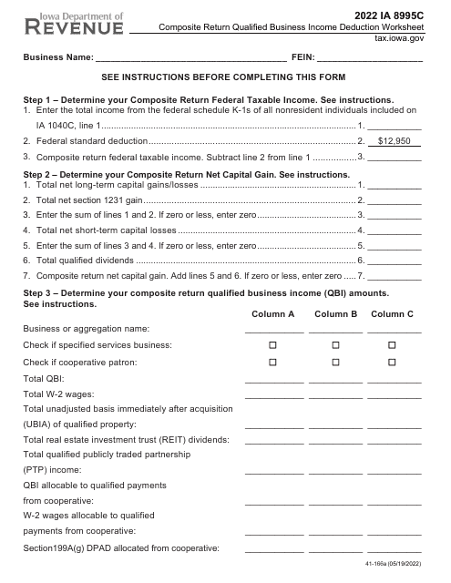Form IA8995C (41-166) Composite Return Qualified Business Income Deduction Worksheet - Iowa, 2022