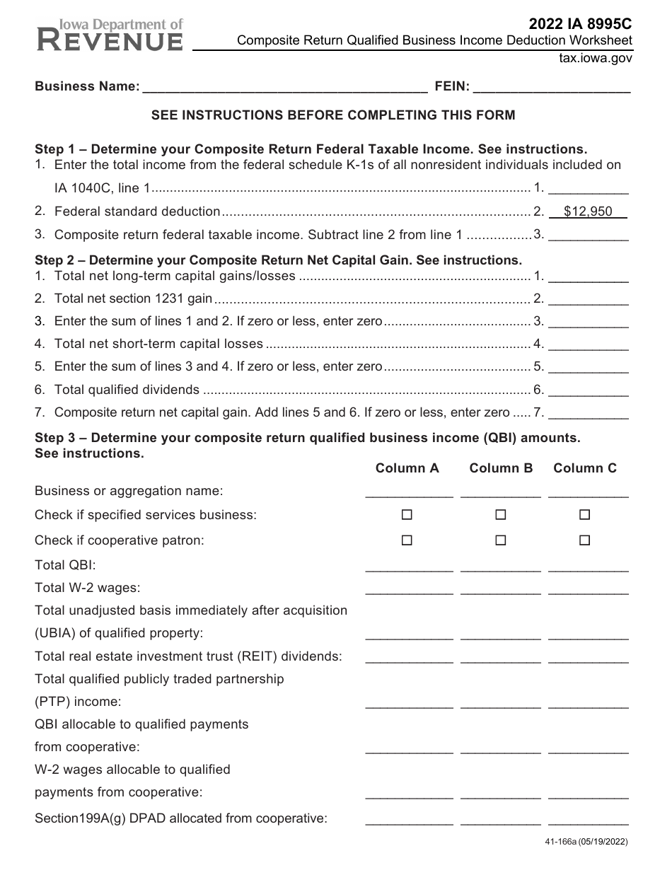 Form IA8995C (41-166) Composite Return Qualified Business Income Deduction Worksheet - Iowa, Page 1
