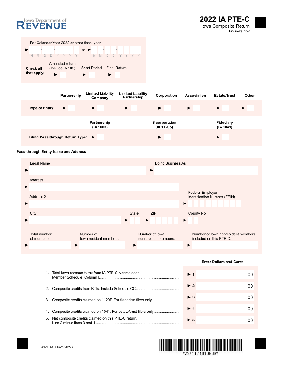 Form IA PTE-C (41-174) Iowa Composite Return - Iowa, Page 1