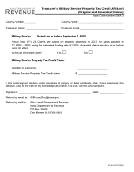Document preview: Form 54-144 Treasurer's Military Service Property Tax Credit Affidavit (Original and Amended Claims) - Iowa