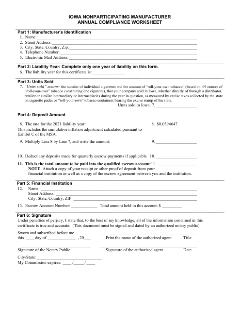 Nonparticipating Manufacturer Annual Compliance Worksheet - Iowa