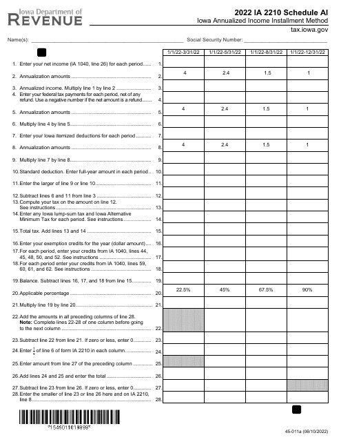 Form IA2210 (45-011) Schedule AI 2022 Printable Pdf