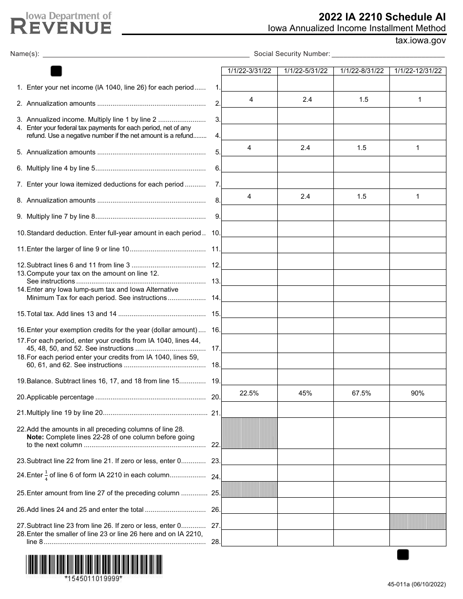 Form IA2210 (45-011) Schedule AI Annualized Income Installment Method - Iowa, Page 1