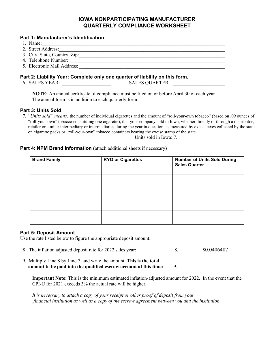 Iowa Nonparticipating Manufacturer Quarterly Compliance Worksheet 