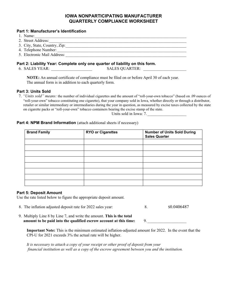 Nonparticipating Manufacturer Quarterly Compliance Worksheet - Iowa, Page 1