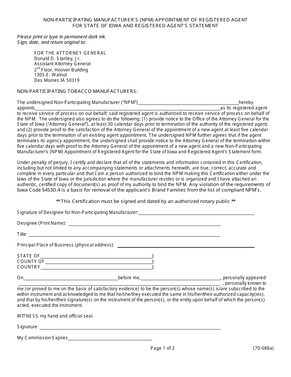 Form 70-088 Non-participating Manufacturers (Npm) Appointment of Registered Agent for State of Iowa and Registered Agents Statement - Iowa, Page 1