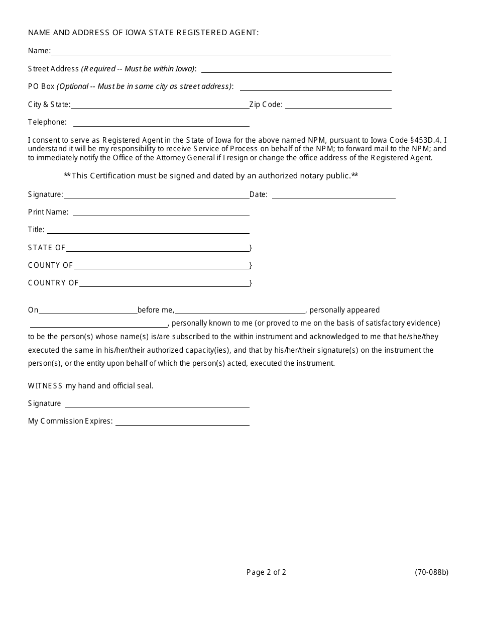 Form 70-088 Non-participating Manufacturers (Npm) Appointment of Registered Agent for State of Iowa and Registered Agents Statement - Iowa, Page 2