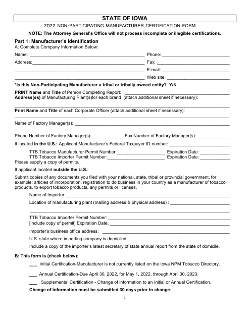 Non-participating Manufacturer Certification Form - Iowa Download Pdf