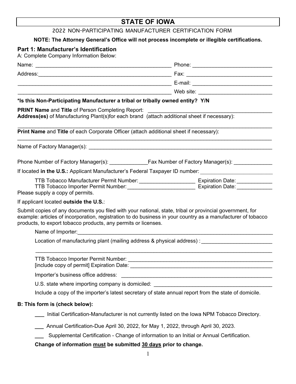 2022 Iowa Non Participating Manufacturer Certification Form Fill Out Sign Online And Download 9542