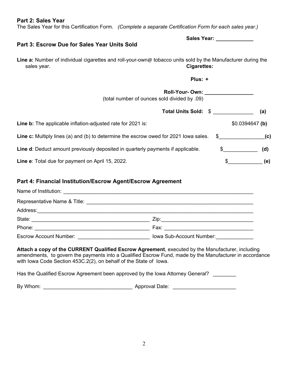 Non-participating Manufacturer Certification Form - Iowa, Page 2