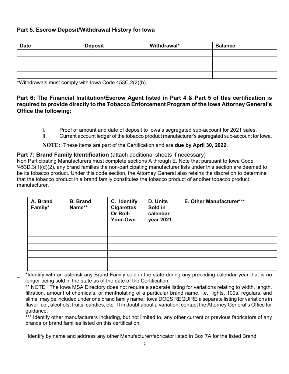 Non-participating Manufacturer Certification Form - Iowa, Page 3