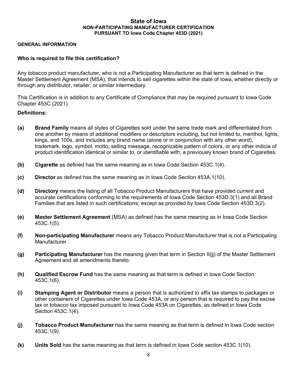 Non-participating Manufacturer Certification Form - Iowa, Page 8