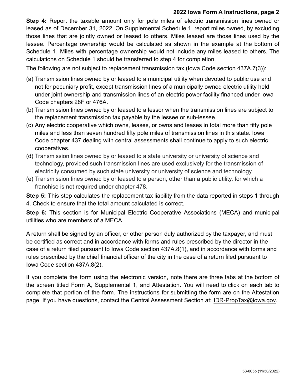 Instructions for Form A, 53-004 Iowa Replacement Tax Form - Electric Delivery, Generation  Transmission - Iowa, Page 2